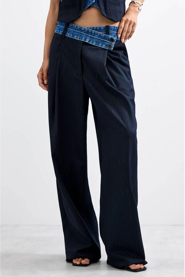 Desigual regular waist wide leg broek met krijtstreep blauw