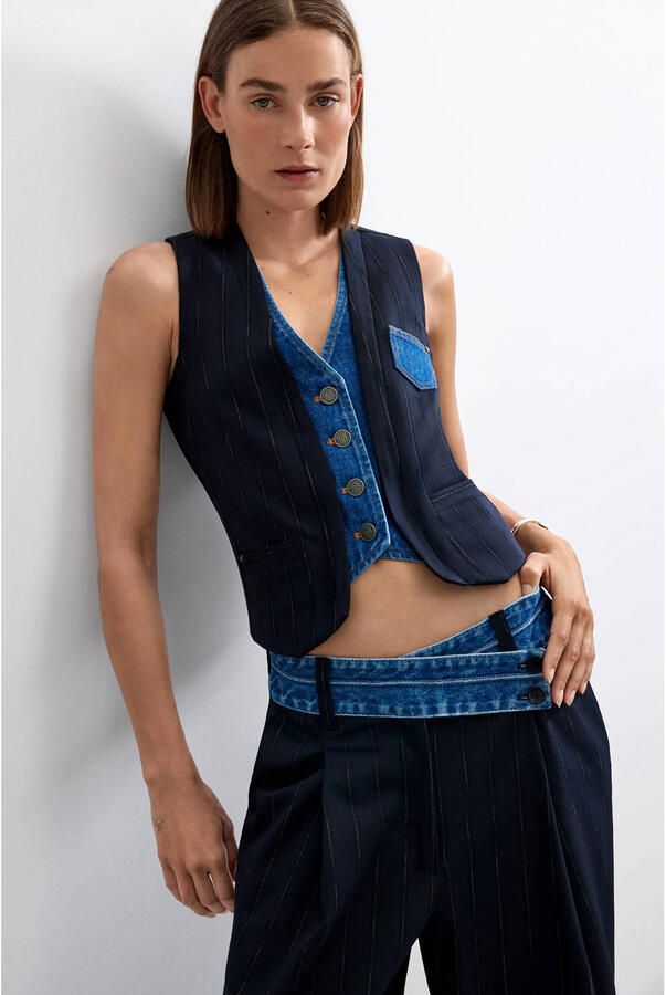 Desigual regular waist wide leg broek met krijtstreep blauw - Foto 2