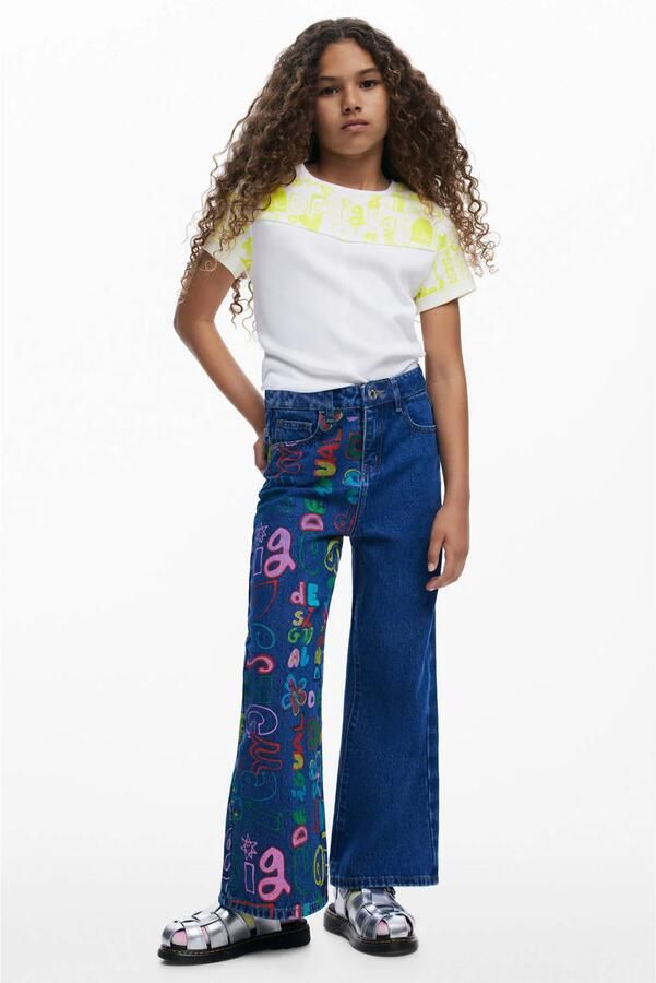 Desigual regular waist wide leg jeans met print donkerblauw