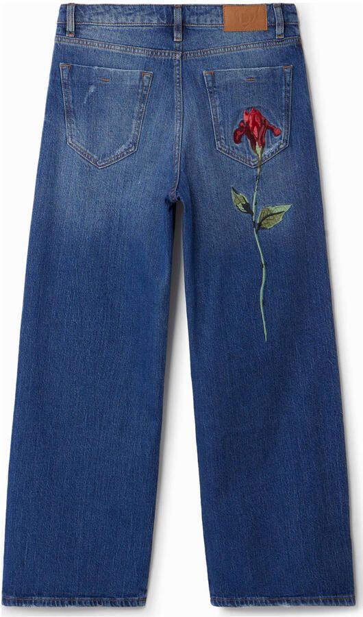 Desigual regular waist wide leg jeans dark blue denim broderie
