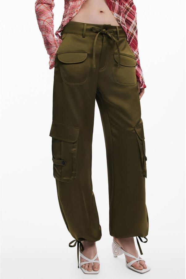 Desigual satijnen tapered low waist cargobroek kaki