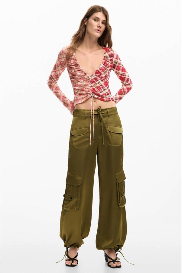 Desigual satijnen tapered low waist cargobroek kaki - Foto 2