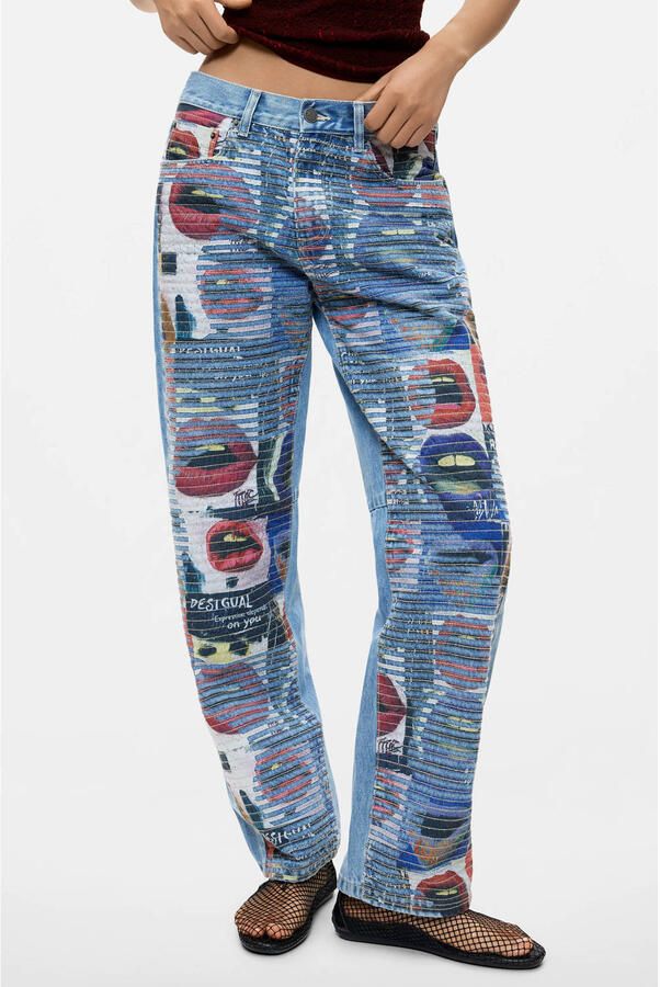 Desigual straight leg jeans met print middelblauw