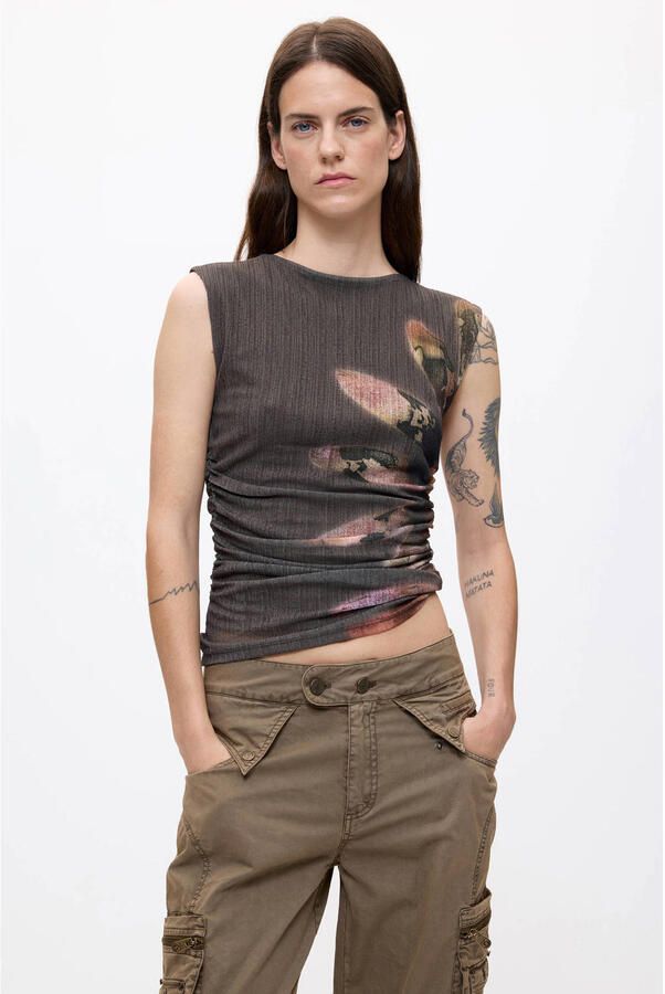 Desigual top met print grijsbruin