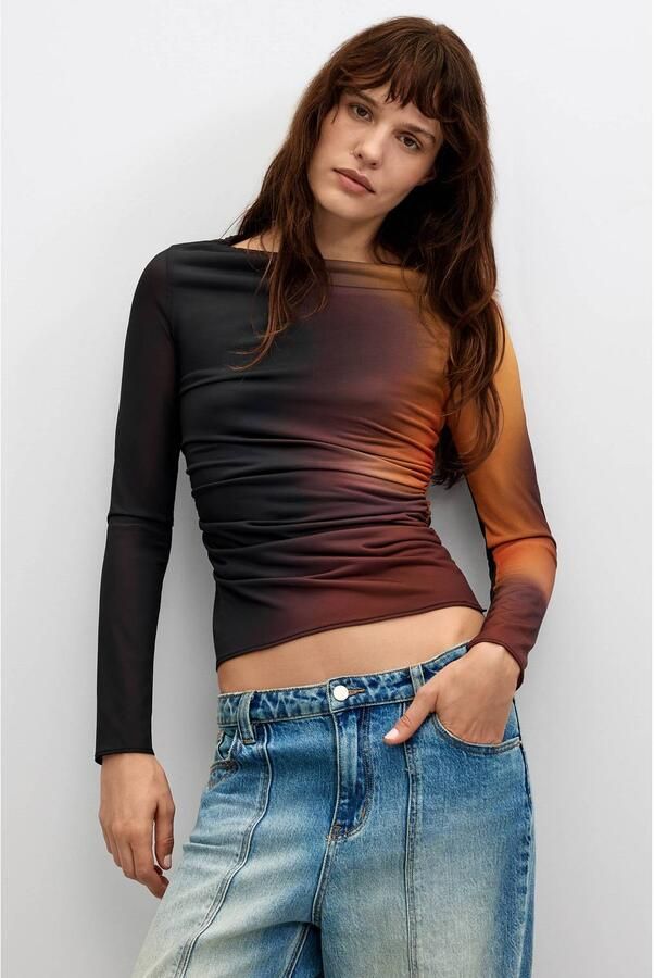 Desigual top met tule details donkerpaars geel