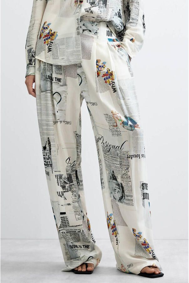 Desigual viscose wide leg broek met print ecru