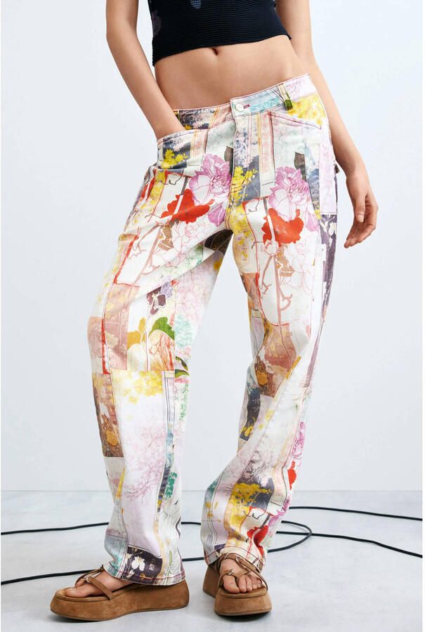 Desigual wide leg fit jeans met riemlussen en print meerkleurig