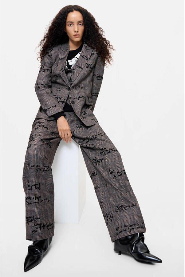 Desigual wide leg geruite broek met tekst grijs