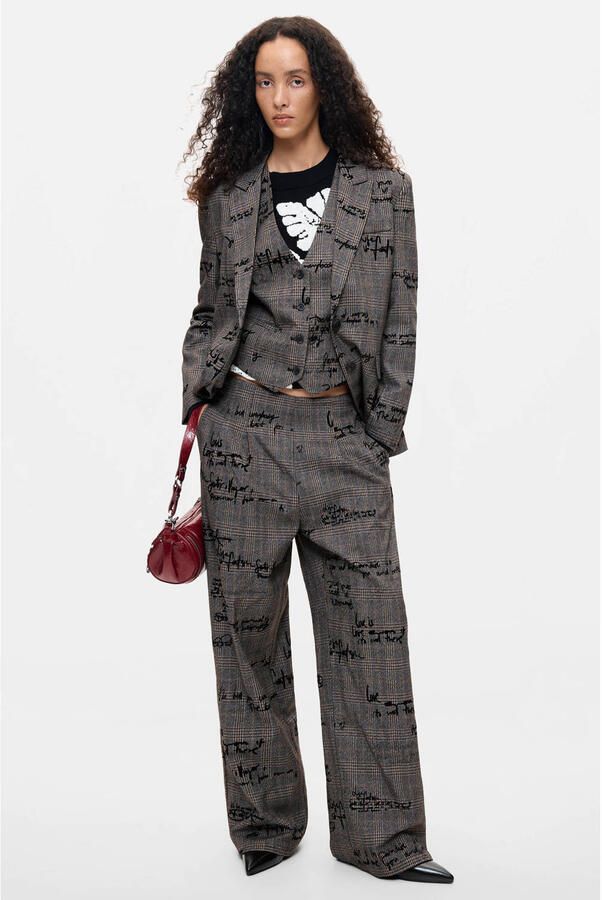 Desigual wide leg geruite broek met tekst grijs - Foto 2