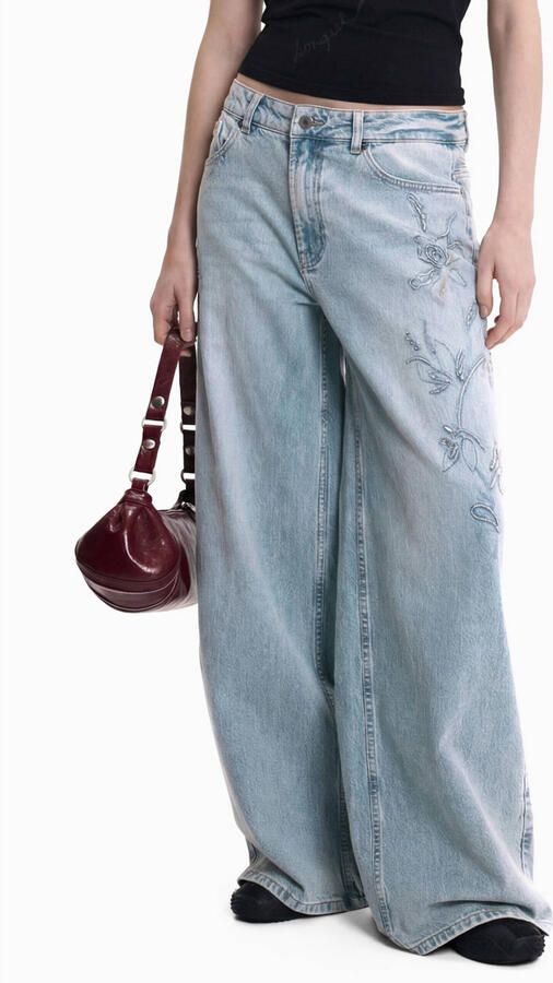 Desigual wide leg jeans met borduursels lichtblauw