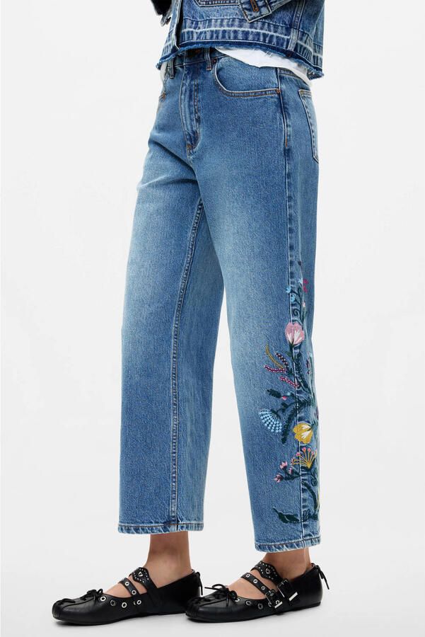 Desigual wide leg jeans met borduursels mediumblauw