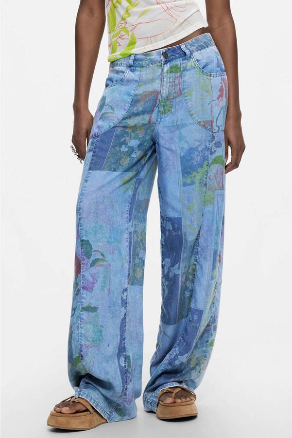 Desigual wide leg jeans met print mediumblauw