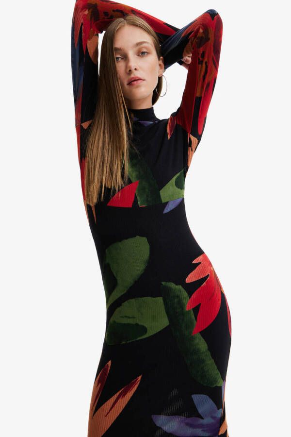 Desigual gebloemde ribgebreide maxi jurk zwart groen rood blauw