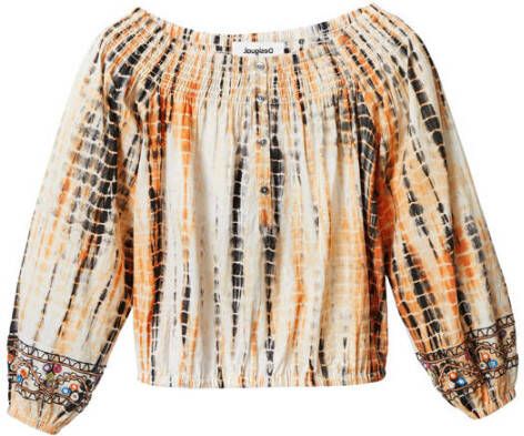 Desigual Beige Katoenen T-shirt met Lange Mouwen en Contrasterende Details Multicolor Dames