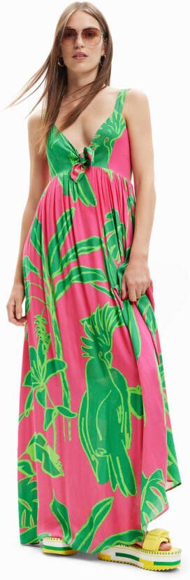 Desigual maxi jurk met all over print en plooien roze groen