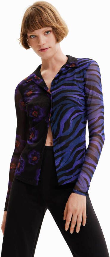 Desigual semi-transparante top met all over print paars zwart
