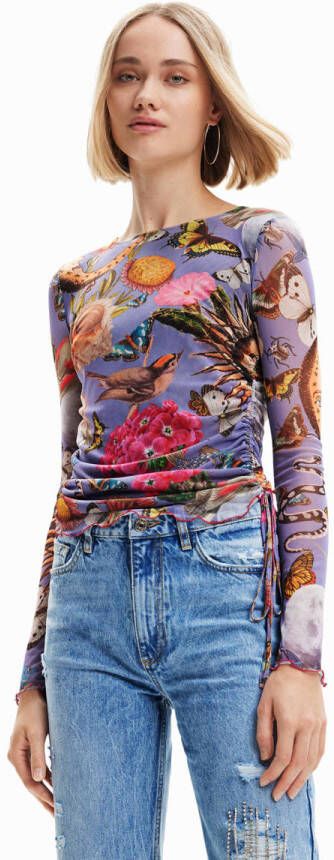 Desigual semi-transparante top met dierenprint paars multi
