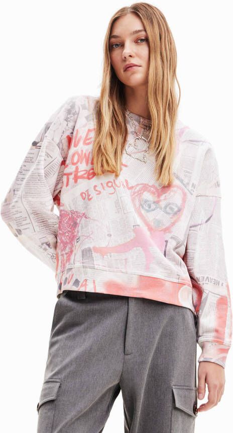Desigual sweater met all over print wit rood roze