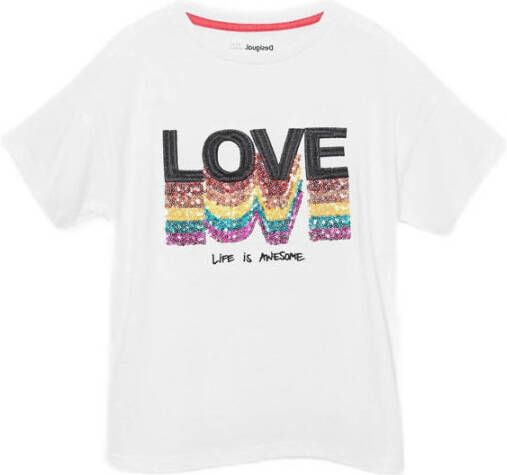 Desigual T-shirt met tekst en pailletten wit