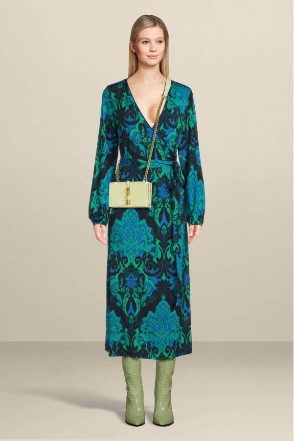 Didi jurk Tiara met all over print en ceintuur blauw groen