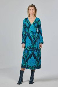 Didi jurk Tiara met all over print en ceintuur blauw groen