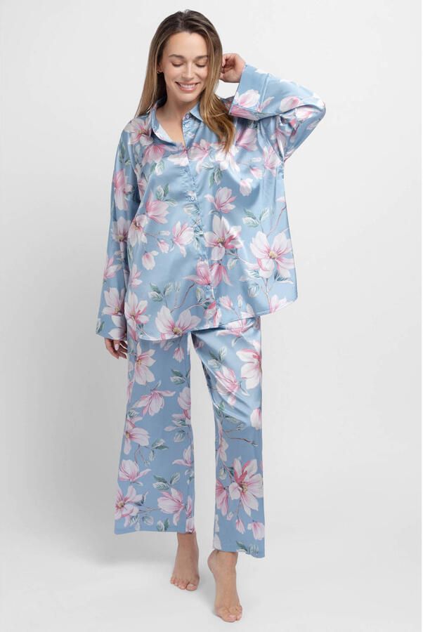 Dorina Curve satijnlook pyjamabroek Bella blauw roze wit