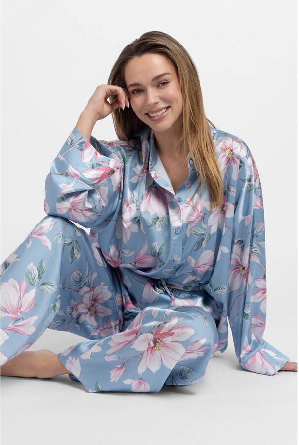 Dorina Curve satijnlook pyjamabroek Bella blauw roze wit - Foto 2