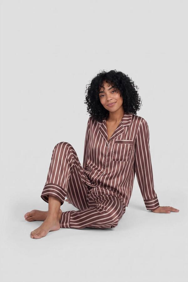 Dreamcovers satijnlook pyjama set bruin oudroze ecru - Foto 3