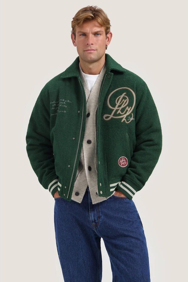 Dstrezzed baseball jacket met borduursels backprint en wol groen