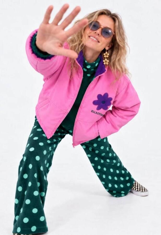 Ellastiek teddy gebloemde reversible jas met borduursels paars groen