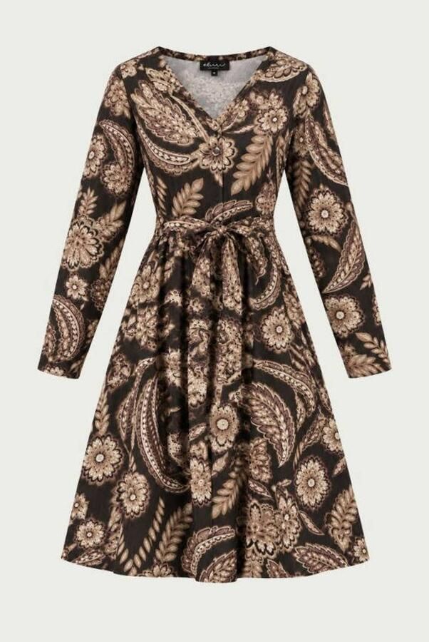 Elvira Collections bohemian A-lijn midi jurk met ceintuur en paisleyprint bruin ecru