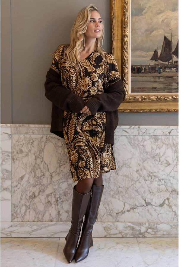 Elvira Collections bohemian A-lijn midi jurk met ceintuur en paisleyprint bruin ecru - Foto 2