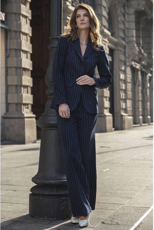Elvira Collections wide leg high waist pantalon met krijtstreep donkerblauw