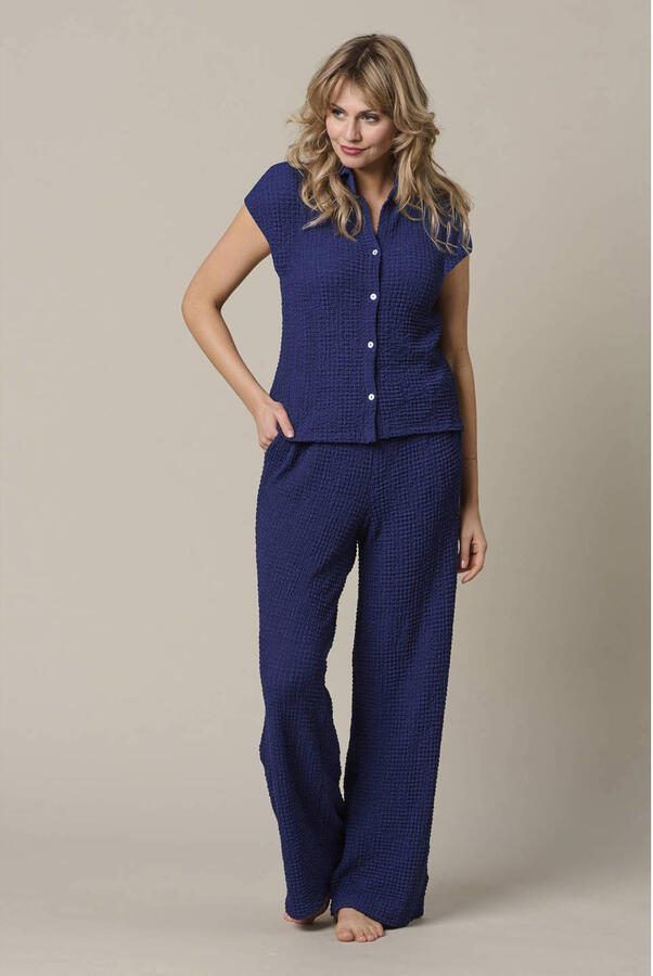&Co Woman wide leg broek met textuur blauw