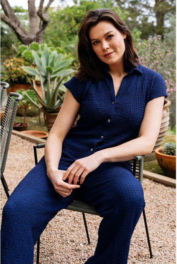 &Co Woman wide leg broek met textuur blauw - Foto 2