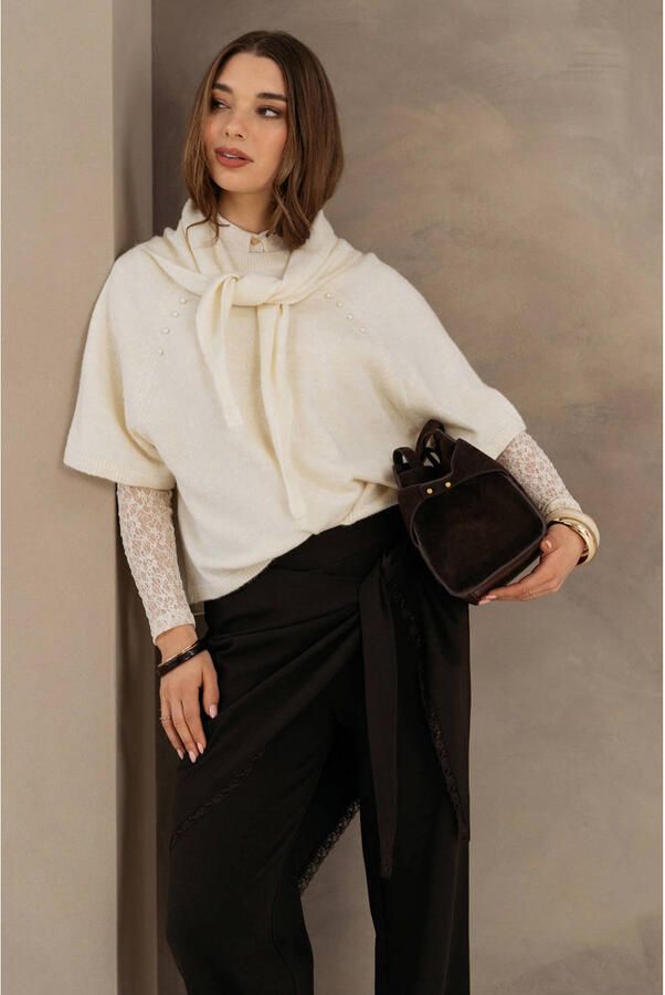 &Co Woman gebreide trui met parels ecru