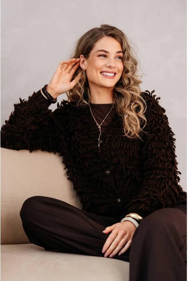 &Co Woman vest met franjes en wol bruin