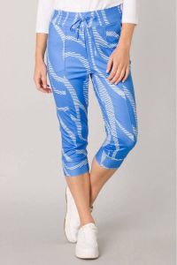 ES&SY slim fit broek van travelstof met all over print blauw wit