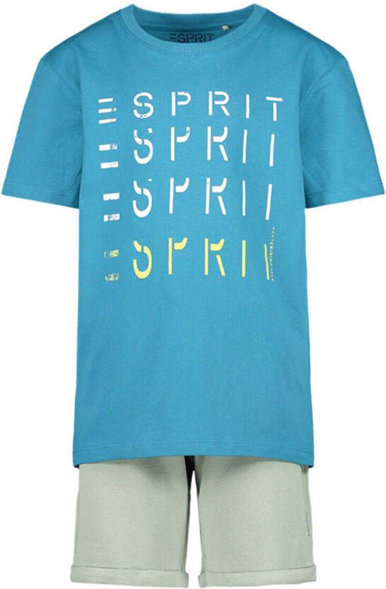 Esprit T-shirt + short blauw lichtgroen Shirt + broek Jongens Katoen Ronde hals 164