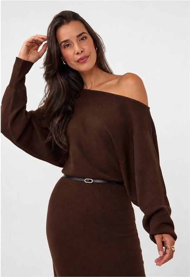 Esqualo gebreide maxi jurk met ceintuur en wol bruin