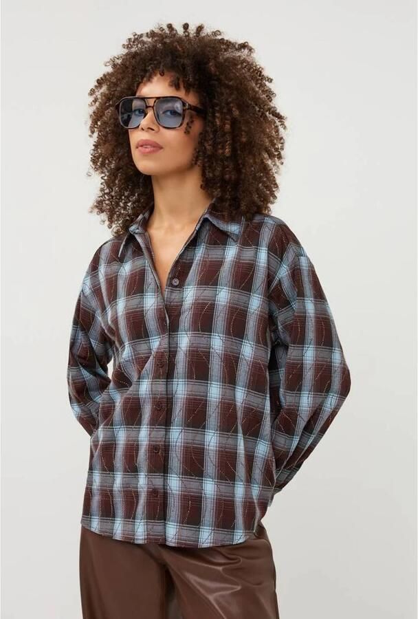 Esqualo geruite blouse met strass-steentjes bruin blauw
