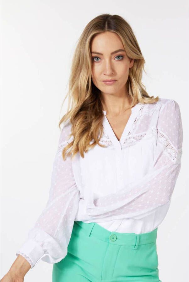 Esqualo semi-transparante blouse met stippen en kant wit