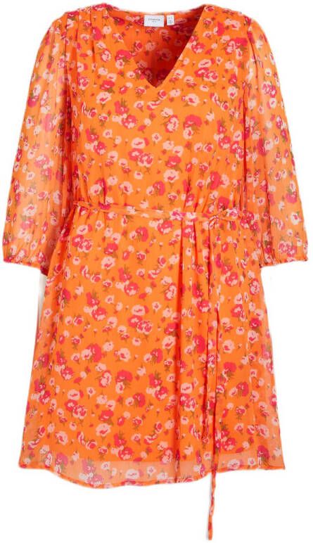 EVOKED VILA gebloemde jurk VIFALIA van gerecycled polyester oranje roze