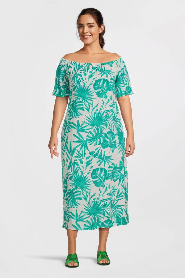 EVOKED VILA off shoulder jurk VIZAYA met bladprint en plooien ecru turquoise