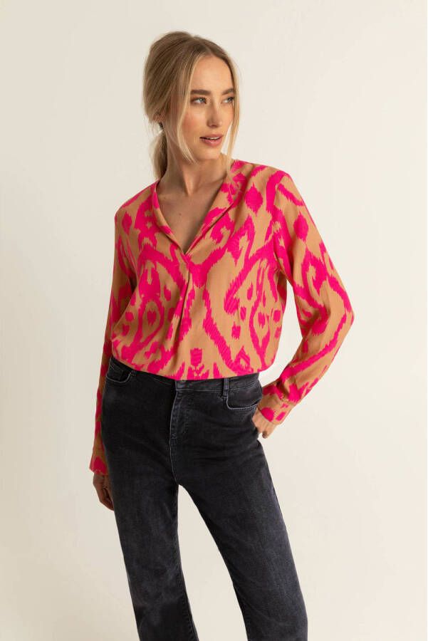 Expresso geweven blousetop met all over print roze camel