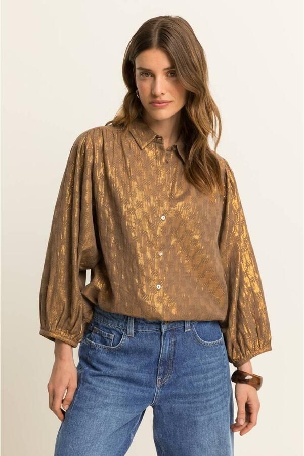 Expresso blouse met glitters en print bruin