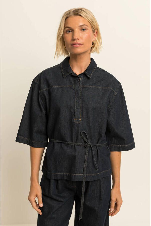 Expresso denim blousetop met ceintuur donkerblauw