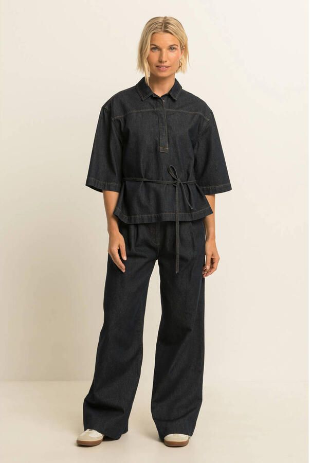 Expresso denim blousetop met ceintuur donkerblauw - Foto 3