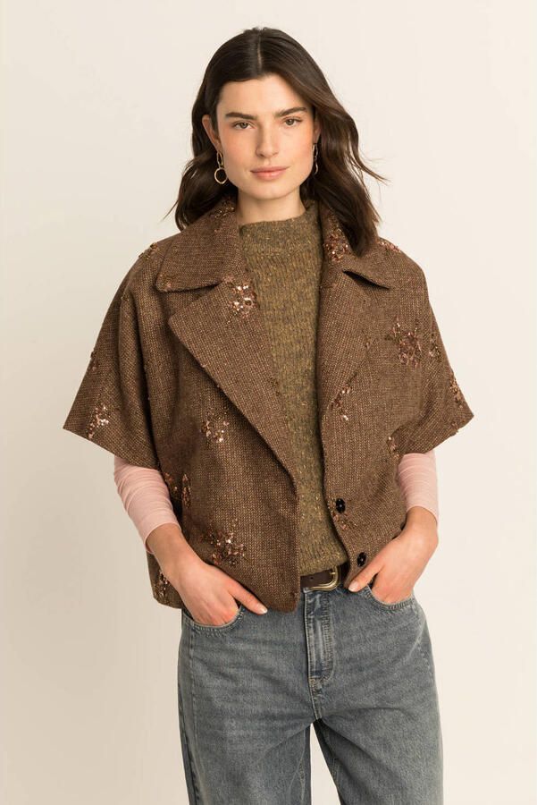 Expresso geruite oversized blazer met wol bruin