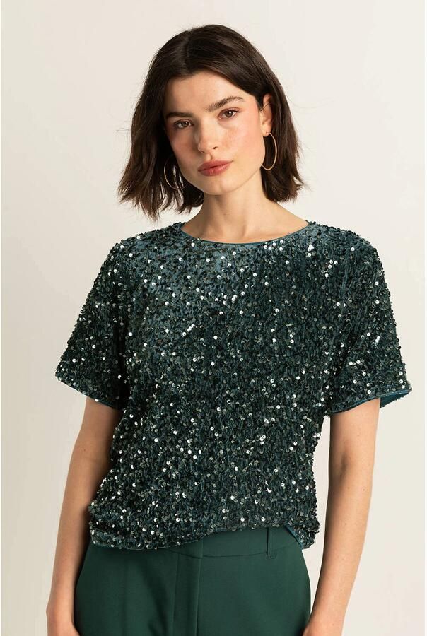 Expresso glitter top donkergroen met pailletten
